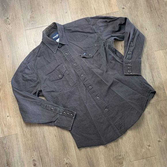 Wrangler Other - Vintage Wrangler Black Grey Thick Denim Jean Button Down Shirt Large